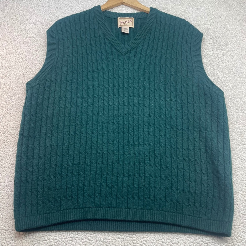 Woolrich Sweater Vest Mens XL Pine Green Lambswool Cable Knit V-Neck 9859